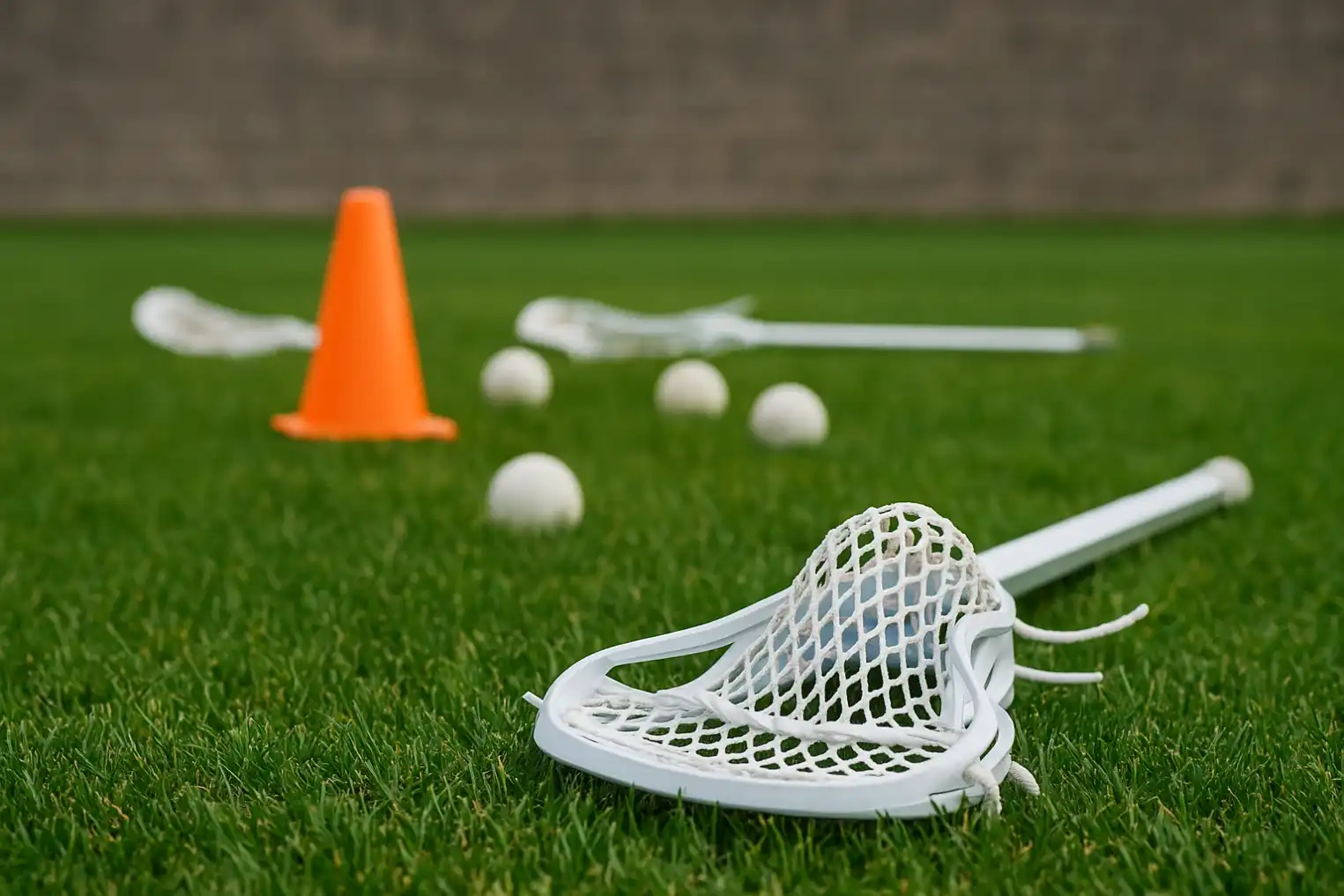 Lacrosse Sticks And Balls On Grass Next To Cone Aka Pylon